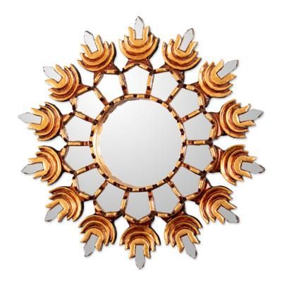 'Sun-Themed Bronze-Gilded Antique-Finished Wood Wall Mirror'