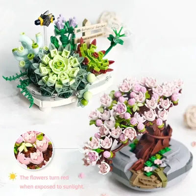 Flower Building Blocks Sakura Trees Succulent Plants Sunlight Color Changeable Potted Bouquet Blocks Floral Set For Girls Gifts