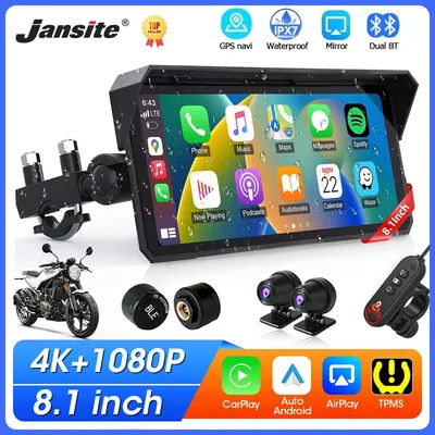 Écran CarPlay pour moto Jansite 8,1 pouces 4K, caméra embarquée 4K, Android Auto sans fil, Bluetooth, navigation GPS, affichage étanche IPX7