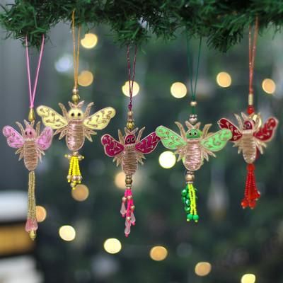 Holiday Bees,'Set of 5 Cotton Beaded Bee Ornaments with Zardozi Embroidery'