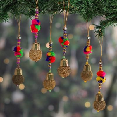 '6 Brass Mesh Beaded Christmas Ornaments with Pom-Poms'