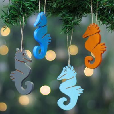 '4 Seahorse-Themed Hand-Painted Wood Christmas Ornaments'