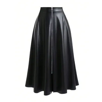 Nouvelle jupe en cuir noir grande taille pour femme ; jupe midi trapèze taille haute à la mode avec une balançoire complète