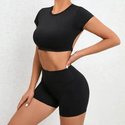 T-Shirt Yoga Suit Elastic Fitness Sports 2 Piece Set Women Shorts Sleeve Crop Top Women Gym Running Leggings Workout Sportswear