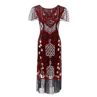 Anni Ruggenti Anni 1920 Midi Abito Flapper Maniche corte Il grande Gatsby Ragazza Flapper Paillettes Frange Tubino Colonna Scollo a V Costume Per donna Natale Carnevale speakeasy Mascherata Festa a
