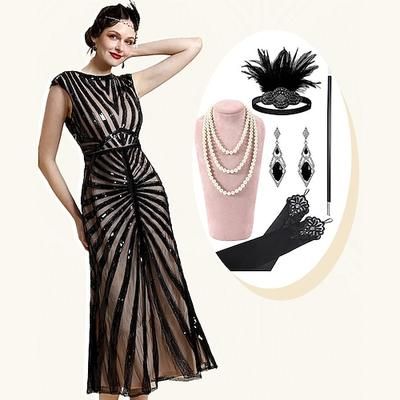 Anni Ruggenti Anni 1920 Lunghezza alla caviglia Vestito Abito da sera Abiti Cortissima Il grande Gatsby Invitato al matrimonio Paillettes Scollo a V Scollo Tondo Costume Per donna Natale Capodanno
