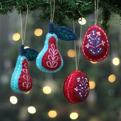 'Fruit-Themed Embroidered 4-Piece 100% Wool Felt Ornament Set'