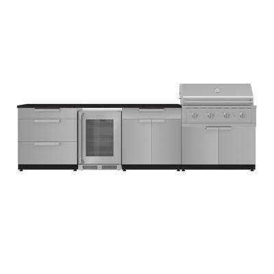 NewAge Outdoor Kitchens Stainless Steel 7-Piece Cabinet Set with 3-Drawer, Bar, Grill Cabinet, Performance Grill, Countertop, and Fridge