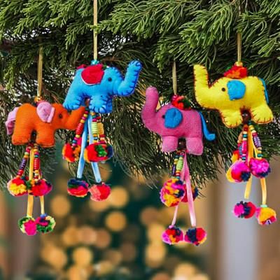 'Multicolor Elephant-Themed 4-Piece Cotton Blend Ornament Set'