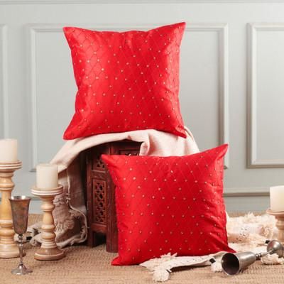 Fiery Red Glam,'Red Geometric Stitched Sequined Beaded Cushion Covers (Pair)'