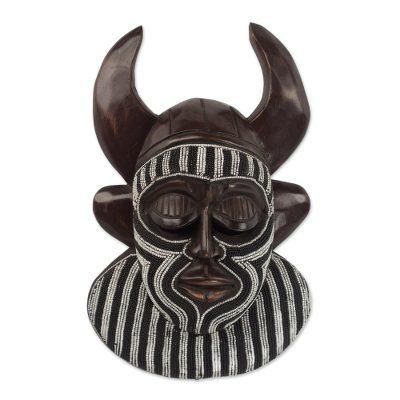 Kafo Horns,'Black and White Beaded African Wood Horn Wall Mask of Power'