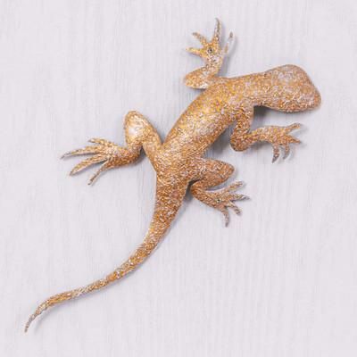 'Handcrafted Salamander-Shaped Golden Iron Wall Art'