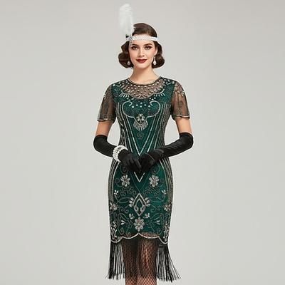 Set Anni Ruggenti Anni 1920 Lunghezza al ginocchio Lunghezza corta Abito Flapper Abiti Costume da festa con accessori Manica illusione Maniche corte Il grande Gatsby Invitato al matrimonio Paillettes