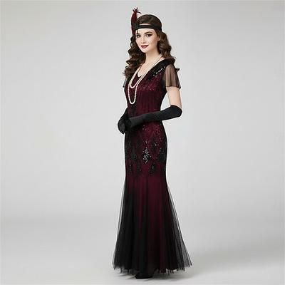 Set Anni Ruggenti Anni 1920 Lunghezza al pavimento Vestito Abito da sera Abiti con accessori Maniche corte Il grande Gatsby Invitato al matrimonio Paillettes Scollo a V Costume Per donna Festa serale