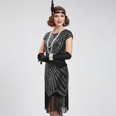 Set Anni Ruggenti Anni 1920 Lunghezza al ginocchio Vestito Abito Flapper Abiti con accessori Cortissima Il grande Gatsby Invitato al matrimonio Frangia con nappe Scollo a V Scollo Tondo Costume Per