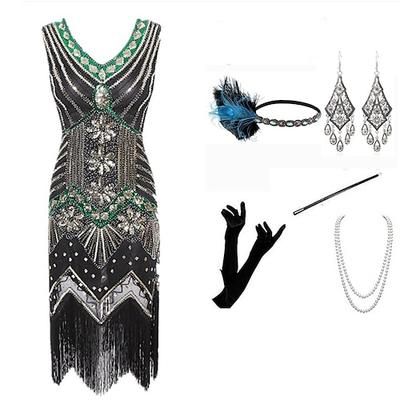 Set Anni Ruggenti Anni 1920 Lunghezza al ginocchio Lunghezza corta Vestito Abito Flapper Abiti con accessori Senza maniche Il grande Gatsby Invitato al matrimonio Paillettes Frangia con nappe