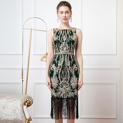 Anni Ruggenti Anni 1920 Lunghezza al pavimento Vestito Abito da sera Costume da festa Senza maniche Il grande Gatsby Paillettes Tubino Colonna Scollo a V Costume Per donna Natale Capodanno Festa