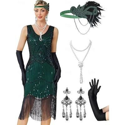 Set Anni Ruggenti Anni 1920 Lunghezza al ginocchio Vestito Abito Flapper Abiti con accessori Senza maniche Il grande Gatsby Charleston Paillettes Frangia con nappe Piuma Scollo a V Costume Per donna
