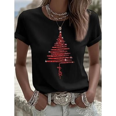 Natale Per donna Maglietta Stampato Grafico Natale Vintage Elegante Classico Manica Corta Girocollo Top Regolari Quotidiano Nero Bianco Rosa Arancione Verde Estate Primavera Autunno Inverno