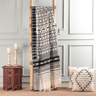 'Hand-Loomed Geometric Cotton Throw in Black and Ivory'
