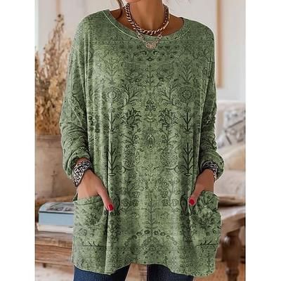 Per donna Maglietta Floreale Grafico Piante Vintage Moda Elegante Manica Lunga Girocollo Top Regolari Quotidiano Uscire Weekend Tasca Stampato Blu Rosso Viola Verde Cachi Primavera Autunno Inverno