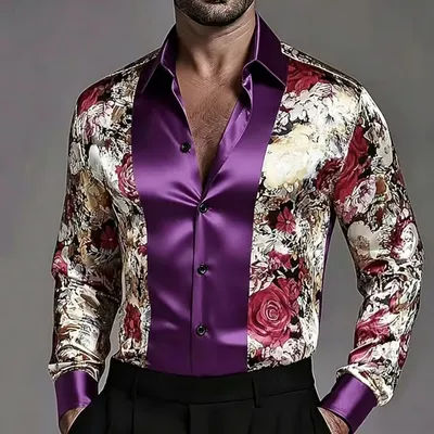 Chemise à la mode pour hommes, coupe cintrée, avec motif de fleurs rayé en satin contrasté, haut décontracté élégant et confortable de haute qualité