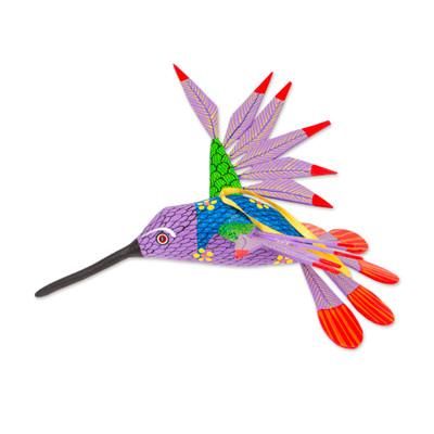 Fanciful Flutter in Purple,'Copal Wood Purple Colorful Alebrije Hummingbird Ornament'