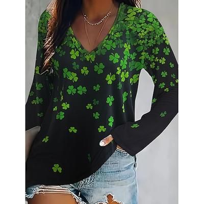 T-shirt da donna per il giorno di San Patrizio con grafica floreale piante elegante vintage stilosa a maniche lunghe colletto a V colletto regolare top quotidiani per uscire nel weekend stampa nera