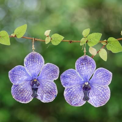 'Resin-Coated Purple Orchid Dangle Earrings with Golden Hooks'
