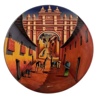 'Hand-Painted Ceramic Decorative Plate with Andean City Motif'