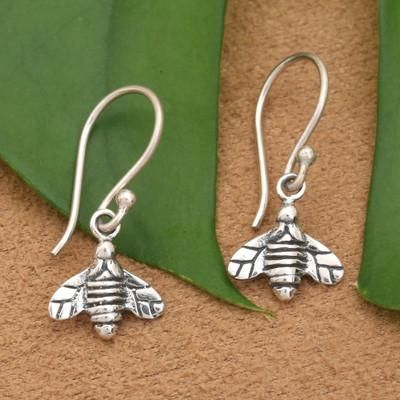 Busy Bee,'Whimsical Bee-Themed Silver Dangle Earrings from Bali'