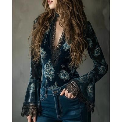 Per donna Blusa Stampato Bordo in pizzo Floreale Vintage Elegante Manica Lunga Scollo a V Top Regolari Quotidiano Ferie Uscire Blu marino Autunno Inverno