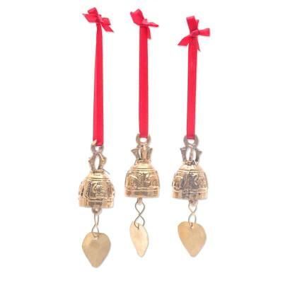 Elephant Chant,'Set of 3 Brass Bell Ornaments with Elephants and Red Ribbons'
