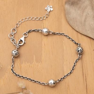 Hammered Swirling Garden,'Silver Station Bracelet with Hammered and Swirl Orb Motifs'