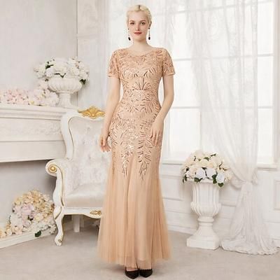 Anni Ruggenti Anni 1920 Lunghezza alla caviglia Vestito Nozze Addio al celibato Maniche corte Il grande Gatsby Charleston Invitato al matrimonio Paillettes Ricamo Scollo Tondo Costume Per donna Festa