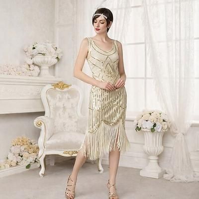 Anni Ruggenti Anni 1920 Lunghezza al ginocchio Vestito Nozze Addio al celibato Senza maniche Il grande Gatsby Charleston Invitato al matrimonio Paillettes Patchwork Scollo a V Costume Per donna