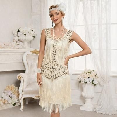 Anni Ruggenti Anni 1920 Lunghezza al ginocchio Vestito Nozze Addio al celibato Senza maniche Il grande Gatsby Charleston Invitato al matrimonio Paillettes Frangia con nappe Scollo Tondo Costume Per