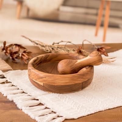 'Hand-Carved Teak Wood Mortar and Pestle Set from Guatemala'