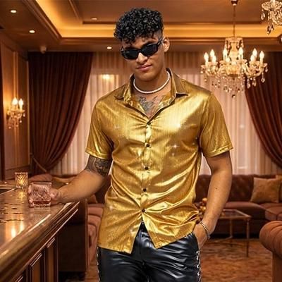 Retrò Vintage Anni '70 Anni '80 Camicia Disco Metallico Lucido Costume Per uomo Costume di Carnevale Natale Halloween Carnevale Club Festa a Tema Parata dell'Orgoglio Adulti Camicia