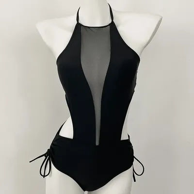 Maillot de bain une pièce pour femmes, col haut profond, col licou, cravate au dos, maille, vêtements de plage