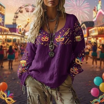 Carnevale Martedì grasso Per donna Maglietta bohémien Maglietta Stampato Grafico Vintage Elegante Etnico Manica Lunga Scollo a V Top Regolari Quotidiano Weekend Abbigliamento da vacanza Viola Viola