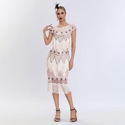 Anni Ruggenti Anni 1920 Lunghezza al ginocchio Vestito Nozze Addio al celibato Cortissima Il grande Gatsby Ragazza Flapper Invitato al matrimonio Paillettes Frangia con nappe Paillettes Girocollo