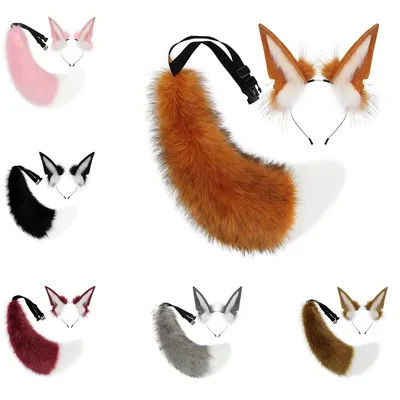 2 Pieces Plush Faux Fur Fox Ears Headband Wolf Tail Fursuit Costume Accessories