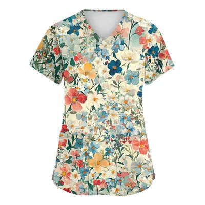 T-Shirt de travail à fleurs pour femmes, hauts de gommage, uniforme d'allaitement, chemisier col en v, manches courtes, hauts de gommage avec poches