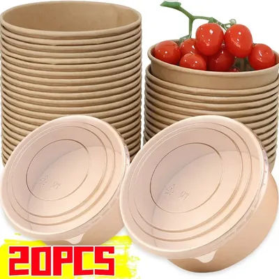 20/10x Disposable Kraft Paper Bowl Kitchen Food Storage Package Lunch Box Take Away Soup Noodles Salad Bowls with Clear Lids