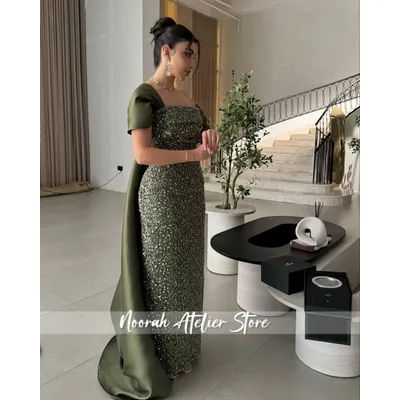 Robe de soirée de luxe vert scintillant à épaules dénudées, style Arabie Saoudite, avec traîne, pour mariage et bal de promo, collection 2026, personnalisable
