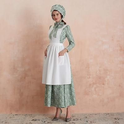 250° anniversario USA 19° secolo anni 1800 Abito da prateria Set cuffia e grembiule Lunghe Ragazza pioniera Coloniale Pioniere Guerra rivoluzionaria Floreale Linea ad A Costume Per donna Halloween