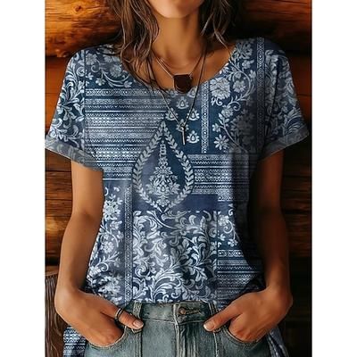 T-shirt Boho da donna Grafica Floreale Piante Vintage Elegante Casual Maniche Corte Collo a V Top Regolari Da Giorno Weekend Ricamata Stampa Blu Verde Chiaro Rosso Rosa Pink Estate Primavera