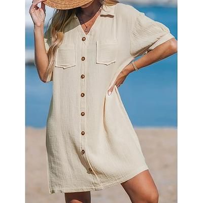 Per donna Mini Abito Abito da Spiaggia Abito Camicia Copricostume Elegante Vintage Moda Quotidiano All'aperto Spiaggia Vestibilità regolare Semplice Manica Corta Colletto a Camicia Albicocca Estate