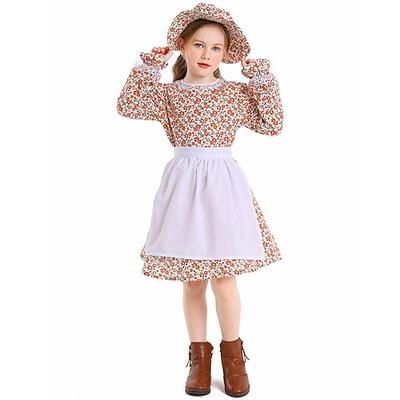250° anniversario USA 19° secolo anni 1800 Abito da prateria Set cuffia e grembiule Lunghe Ragazza pioniera Coloniale Pioniere Guerra rivoluzionaria Floreale Costume Ragazze Halloween Carnevale 4